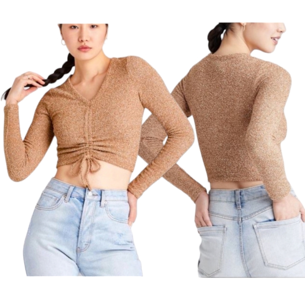 Wild fable brown front cinched tie up cropped top sweater size large